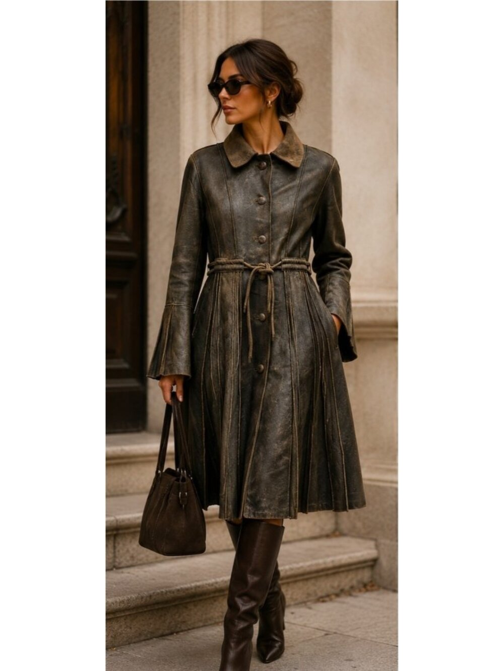 Knoles & Carter Women's Genuine Leather Belted Coat Jacket Khaki Olive Brown M